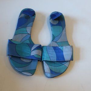 WOMENS DUSICA DUSICA BLUE TEAL MULTI DESIGN TEXTILE FLAT SLIDE SANDALS39 US/9 *